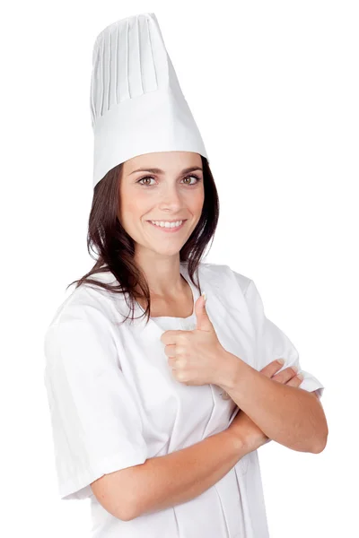 Mulher cozinheira bonita dizendo OK — Fotografia de Stock
