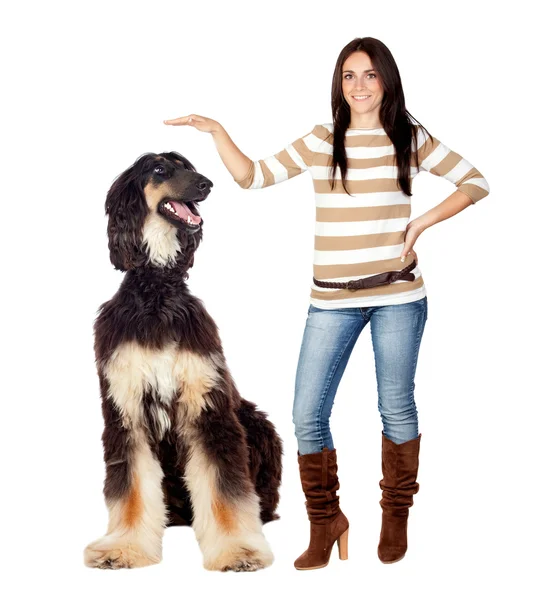 Beautiful brunette girl with a big dog — Stock Photo, Image