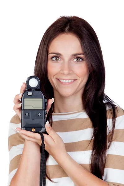 아름 다운 갈색 머리 소녀 photometer — 스톡 사진