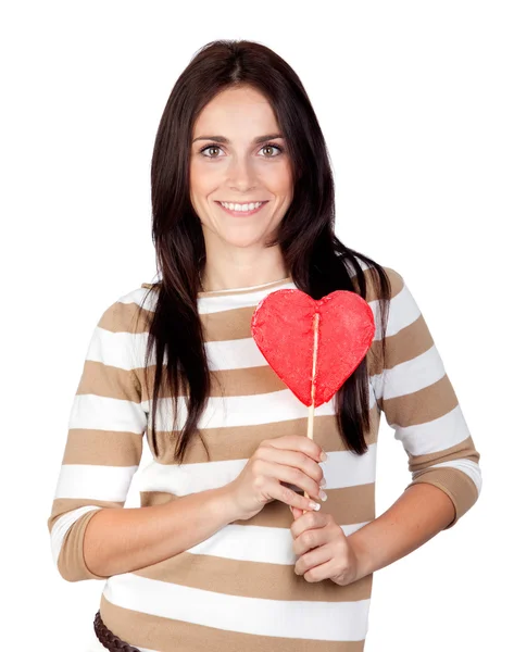 Beautiful brunette girl with a big lollipop — Stock Photo, Image
