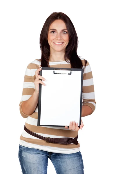 Beautiful brunette girl with clipboard — Stock Photo, Image