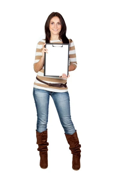 Beautiful brunette girl with clipboard — Stock Photo, Image