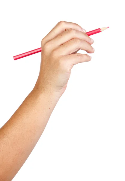Caucasian hand with red pencil — Stock Photo, Image