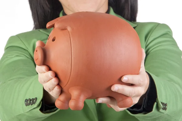 Businesswoman with a moneybox — Stock Photo, Image