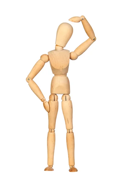 Pensive jointed wooden mannequin — Stock Photo, Image