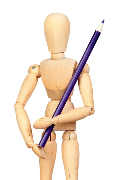 Jointed wooden mannequin with a blue pencil — Stock Photo, Image