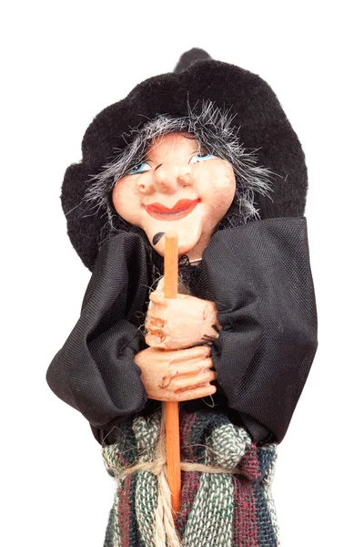 Old Halloween witch with broomstick and hat — Stock Photo, Image