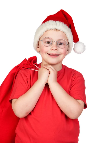 Entzückendes Kind mit Weihnachtsmütze und Brille Stockbild