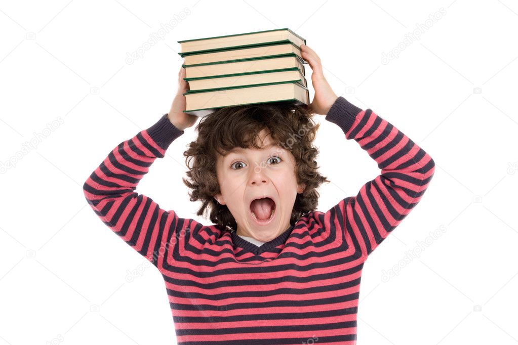 Adorable child with many books on the head