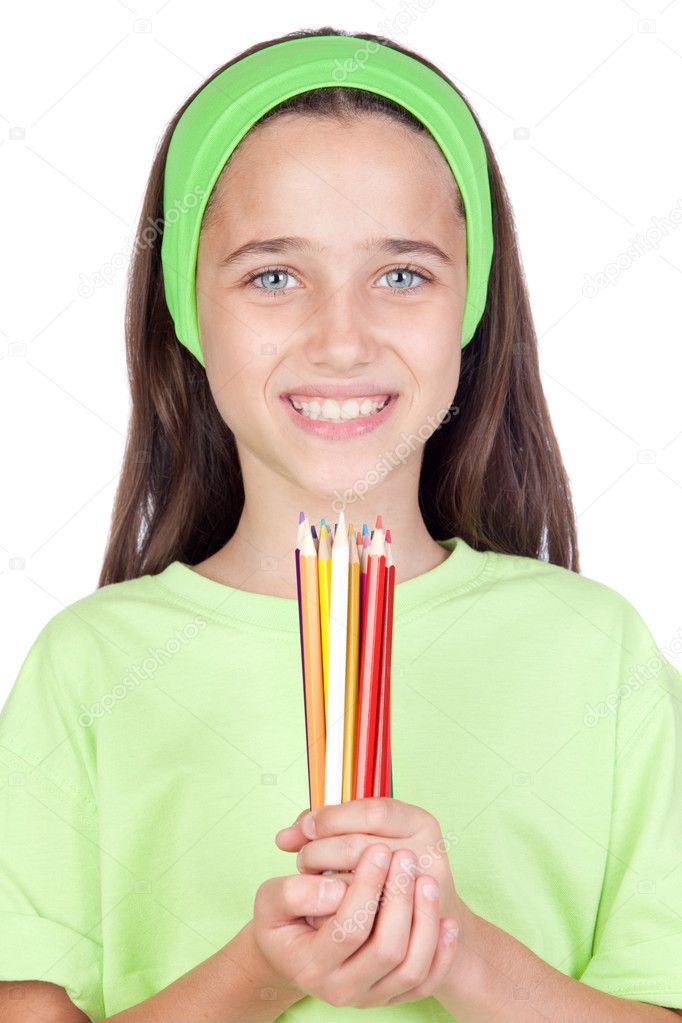 Adorable little girl with many colored pencils