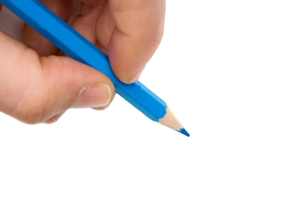 Main avec stylo bleu sur fond blanc — Photo