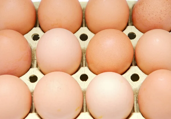 Doze ovos de frango marrom em uma caixa doze ovos de frango marrom em — Fotografia de Stock