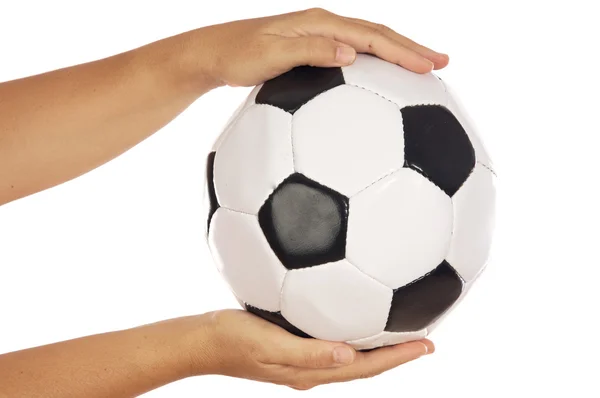 Fußball in den Händen — Stockfoto