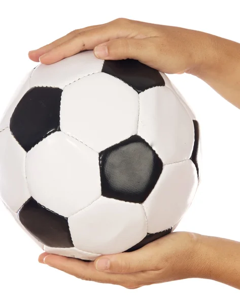 Piłka nożna w rękach — Zdjęcie stockowe
