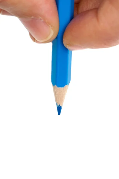 Hand med blå penna på vit bakgrund — Stockfoto
