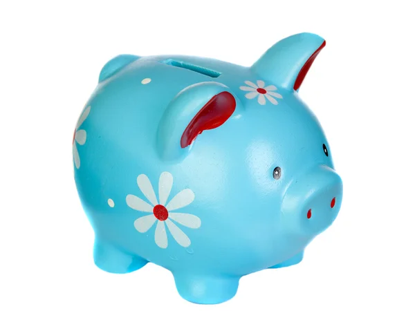 Banco porquinho azul com flores — Fotografia de Stock