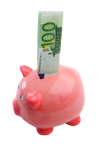 Nota de cem de euros em um banco porquinho — Fotografia de Stock