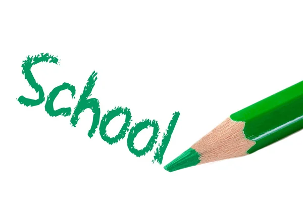 Bleistift grün schreibt das Wort Schule — Stockfoto