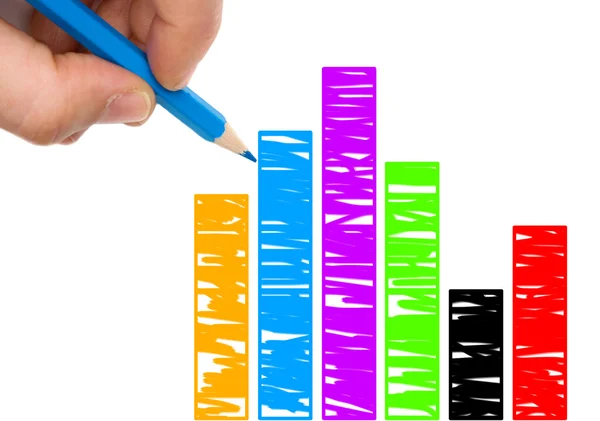 Hand med blå penna ritning colorfull grafik — Stockfoto