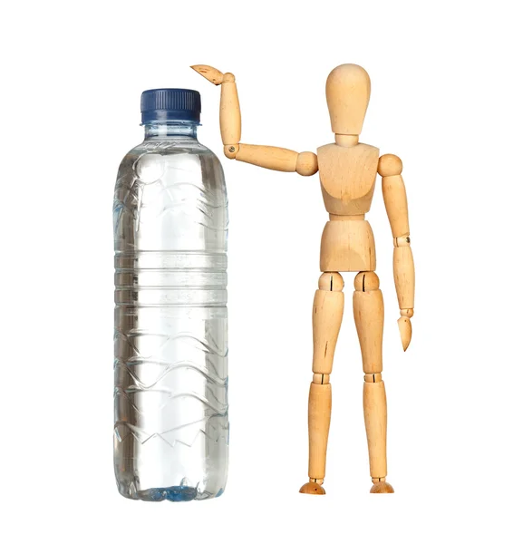Büyük bir su şişesi ile tahta kukla — Stok fotoğraf