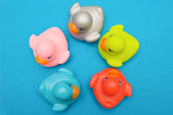 Cinco patos de plástico multi-colorido — Fotografia de Stock