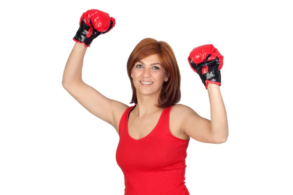 Beautiful redhead girl with boxing gloves — Stock Photo, Image