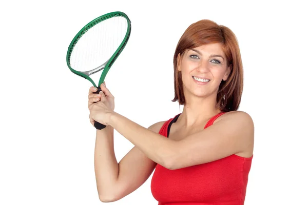 Menina ruiva bonita com uma raquete de tênis — Fotografia de Stock