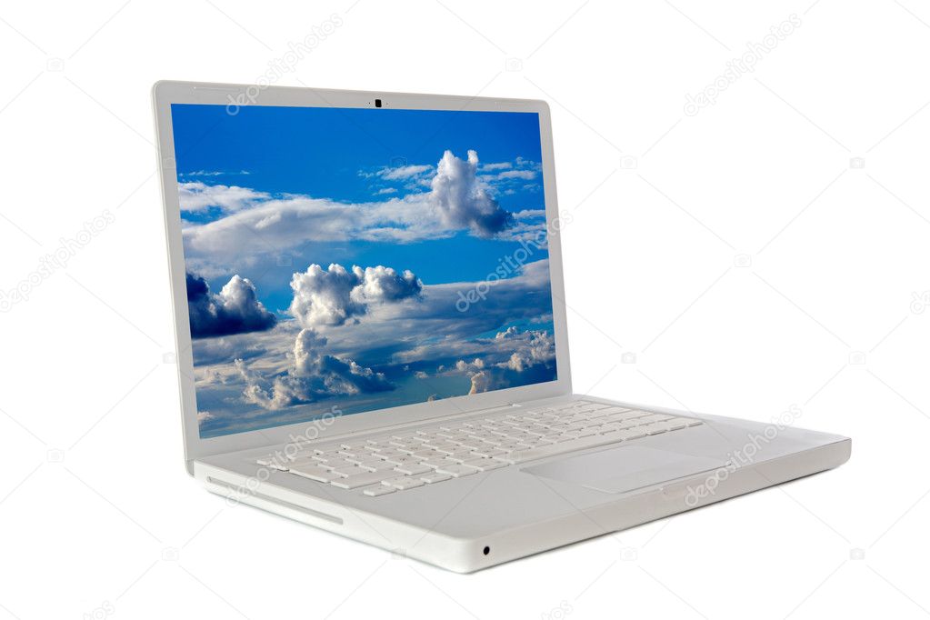 Laptop computer sideways with photo of sky and clouds (my photo)
