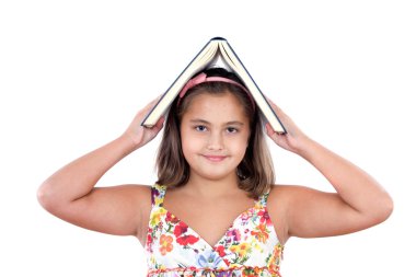 Adorable girl studying with a book on her head clipart