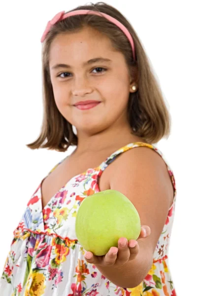 Menina adorável com vestido florido com uma maçã — Fotografia de Stock