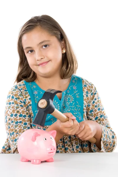 Menina adorável com caixa de dinheiro — Fotografia de Stock