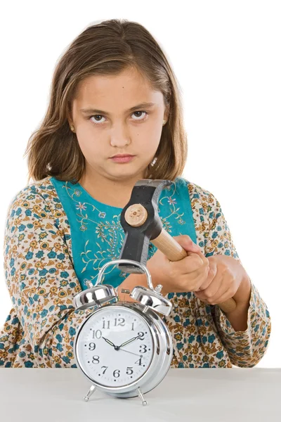 Beautiful girl with clock and hammer — Stock Photo, Image