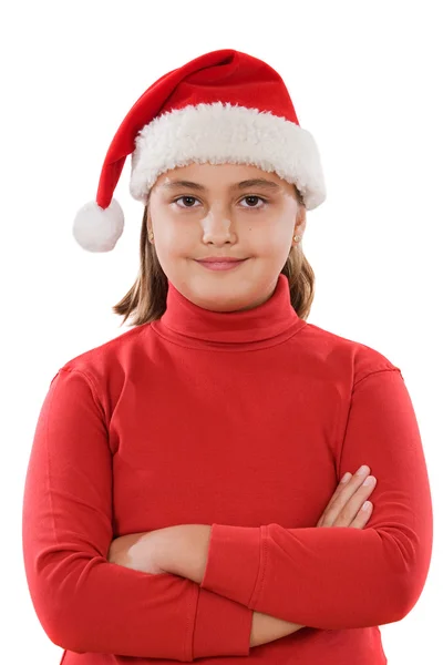 Vacker flicka med hatt av jultomten — Stockfoto