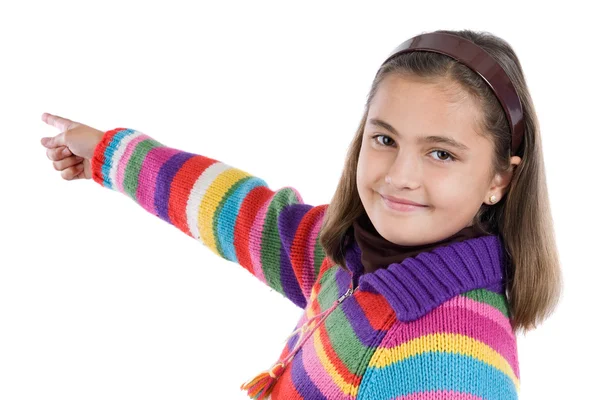 Αξιολάτρευτο κορίτσι με μάλλινο σακάκι κατάδειξης — Φωτογραφία Αρχείου