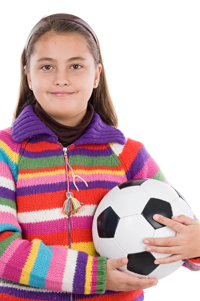 Αξιολάτρευτο φοιτητής κορίτσι με μπάλα ποδοσφαίρου — Φωτογραφία Αρχείου