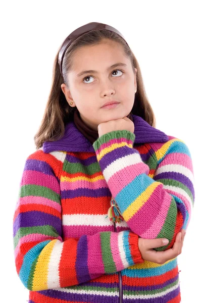 Roztomilá dívka s vlněné sako myšlení — Stock fotografie