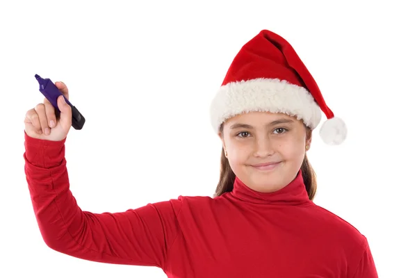 Menina bonita com chapéu de escrita de Natal — Fotografia de Stock