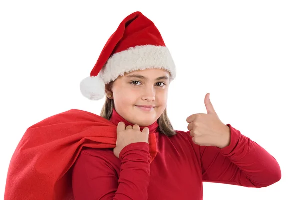 Menina bonita com chapéu de Natal dizendo OK — Fotografia de Stock