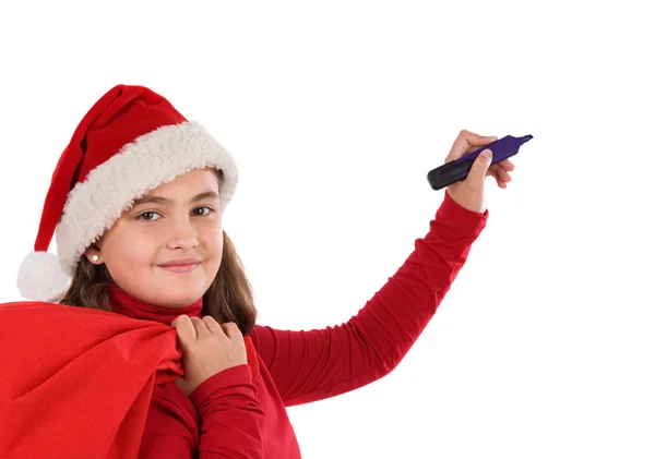 Beautiful girl with hat of christmas writing — Stock Photo, Image