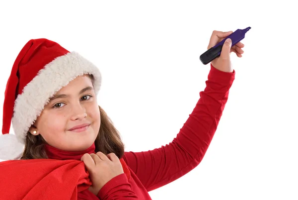 Beautiful girl with hat of christmas writting — Stock Photo, Image
