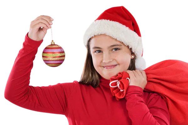 Hermosa chica con bola roja de Navidad — Foto de Stock