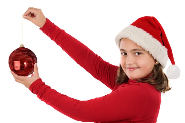 Piękna dziewczyna z czerwoną piłkę Bożego Narodzenia — Zdjęcie stockowe