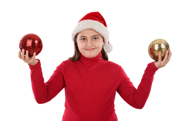 Beautiful girl with two balls of christmas — Stock Photo, Image