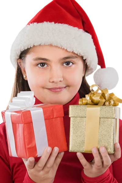 Όμορφο κορίτσι με δύο δώρα των Χριστουγέννων — Φωτογραφία Αρχείου