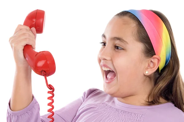 Beautiful girl with red telephone very happy for good news — Stock Photo, Image