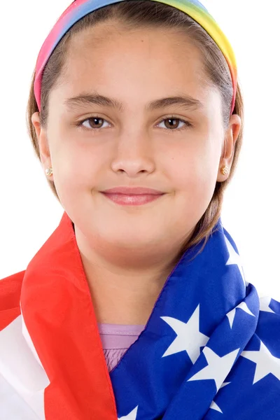 Patriotiska liten flicka med amerikanska flaggan — Stockfoto