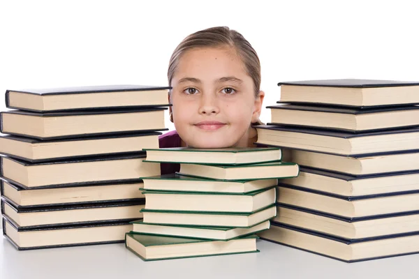 Entzückendes Mädchen mit vielen Büchern — Stockfoto