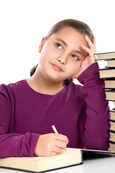 Αξιολάτρευτο κορίτσι με πολλά βιβλία σκέψης — Φωτογραφία Αρχείου