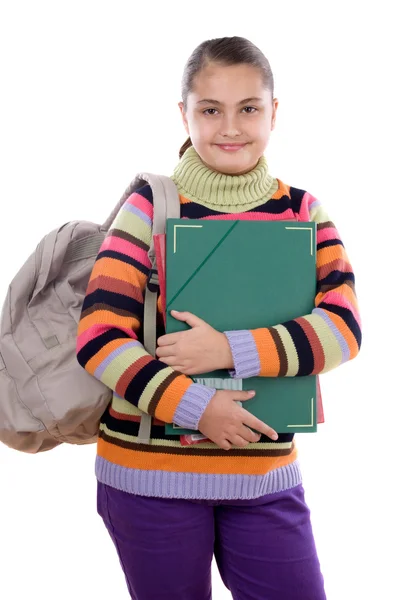 Estudante menina com pasta e mochila — Fotografia de Stock