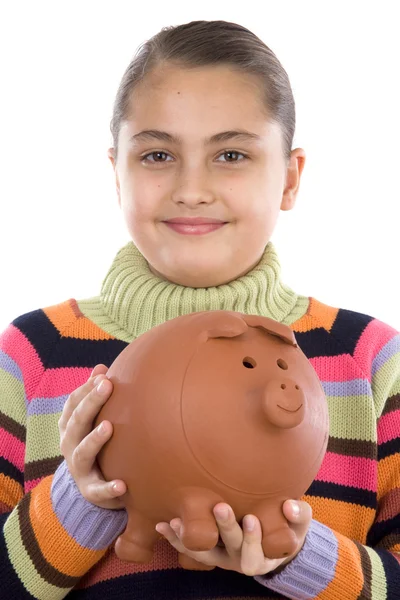 Adorable girl with moneybox — Stok fotoğraf